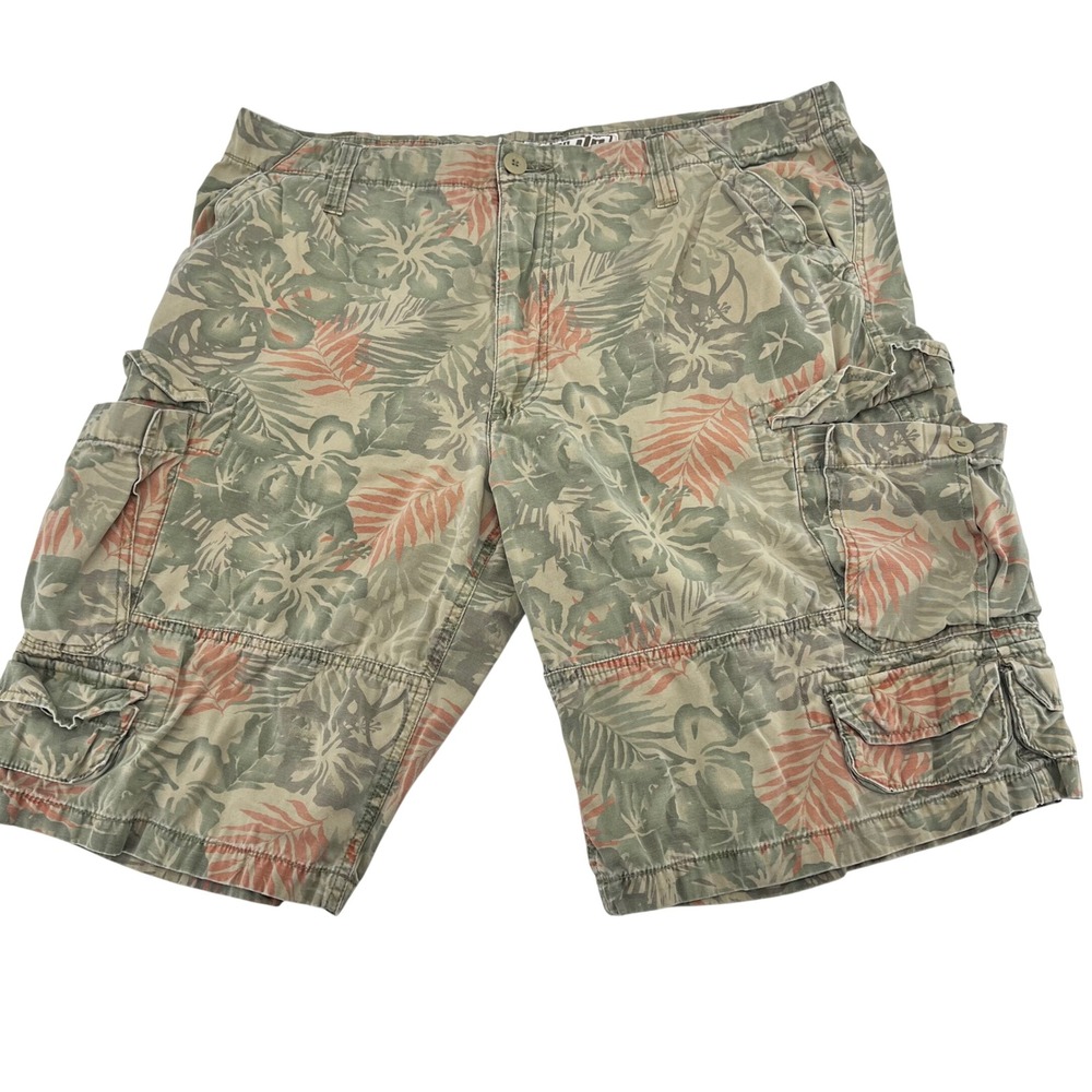 Urban Pipeline Mens 38 Cargo Shorts Tropical Floral Hibiscus Green Orange Cotton